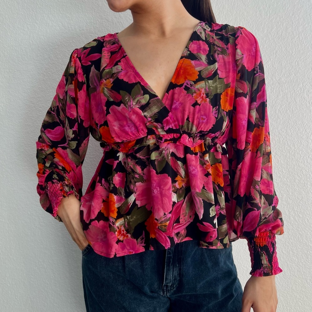 floral v neck babydoll top - size large - pink orange and black